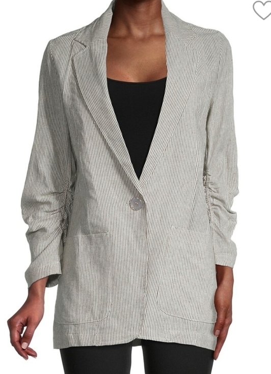 Max Studio Jackets & Blazers - Max Studio White and Green Striped Linen Ruched Sleeve Blazer Size Women's Small